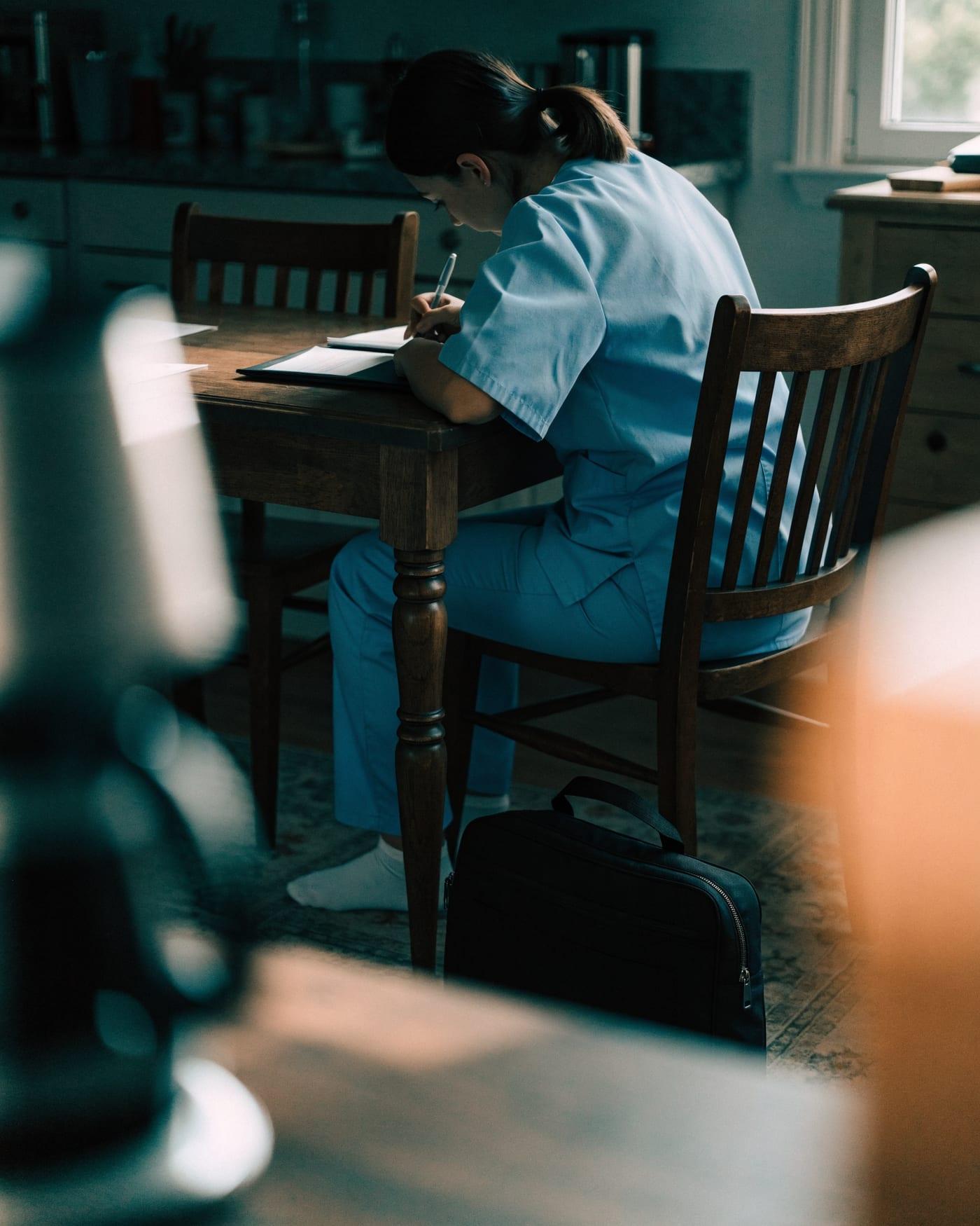 A home health nurse writing visit notes at a patient kitchen table